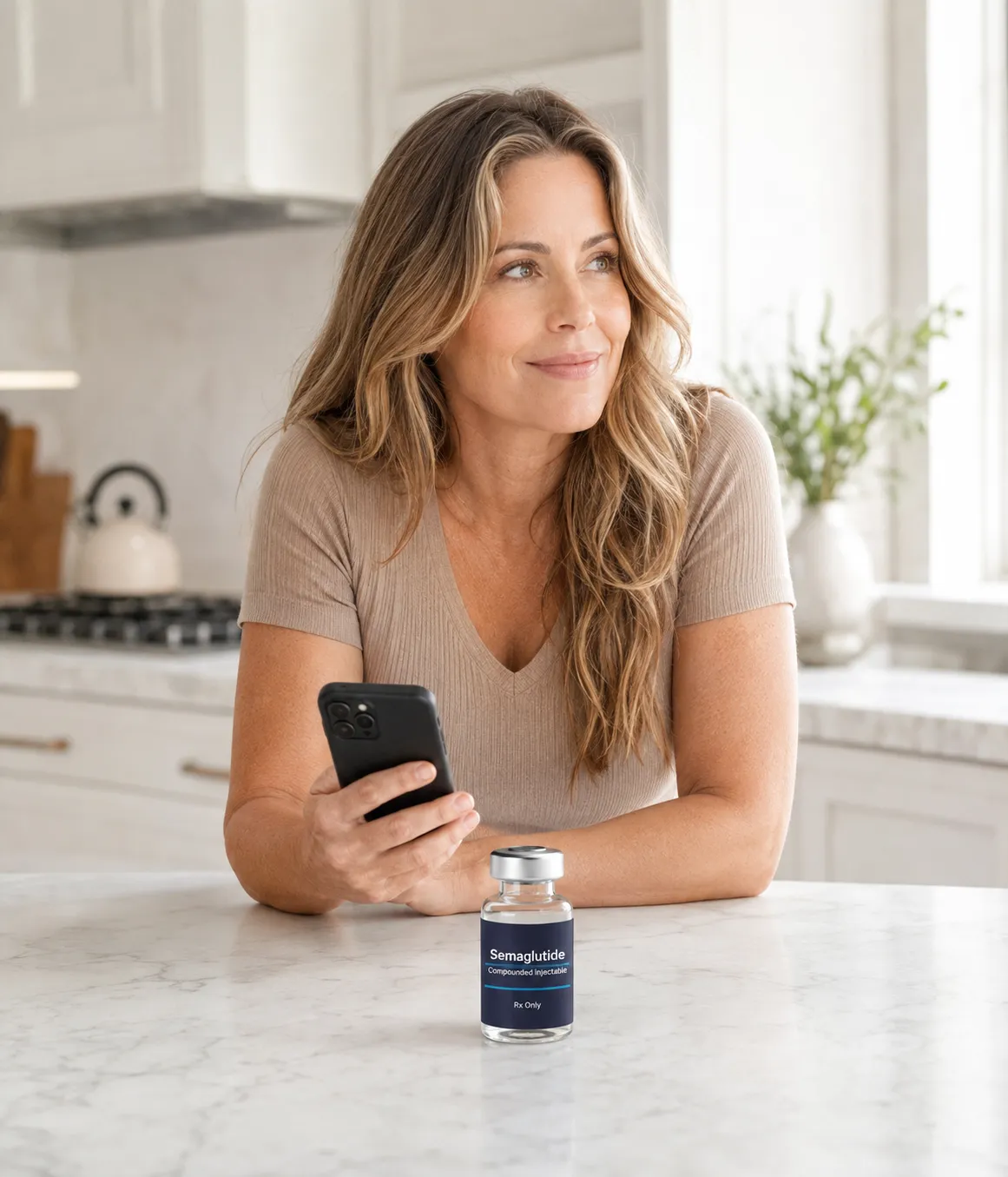 Woman at home reviewing her Semaglutide program on her phone