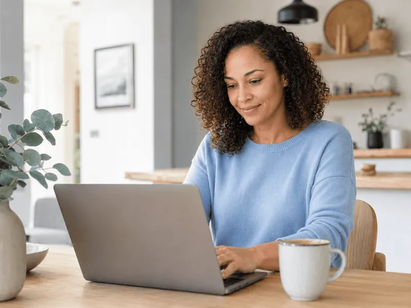 Woman at home completing her Semaglutide intake form on a laptop