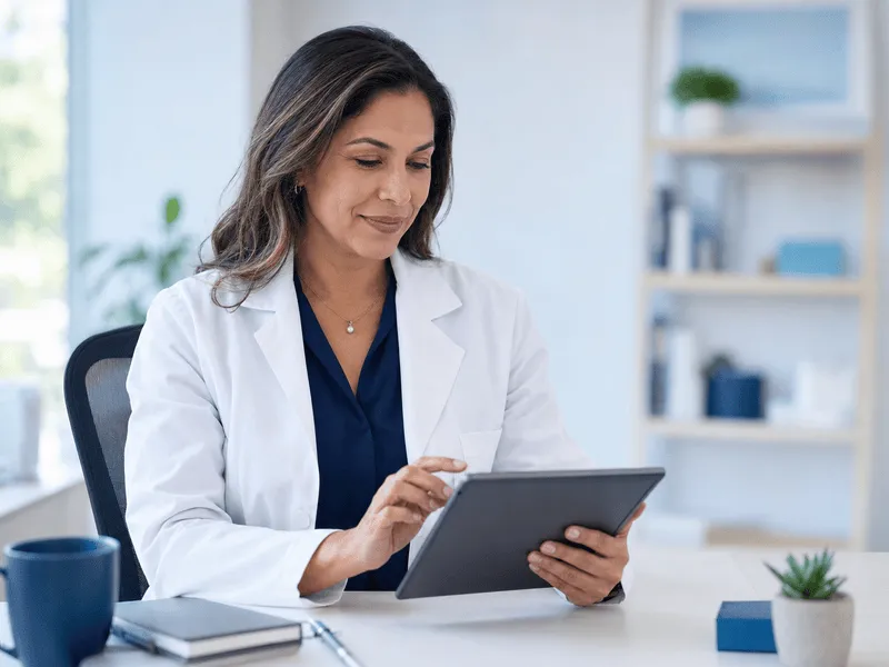 Licensed U.S. provider reviewing a patient intake on a tablet