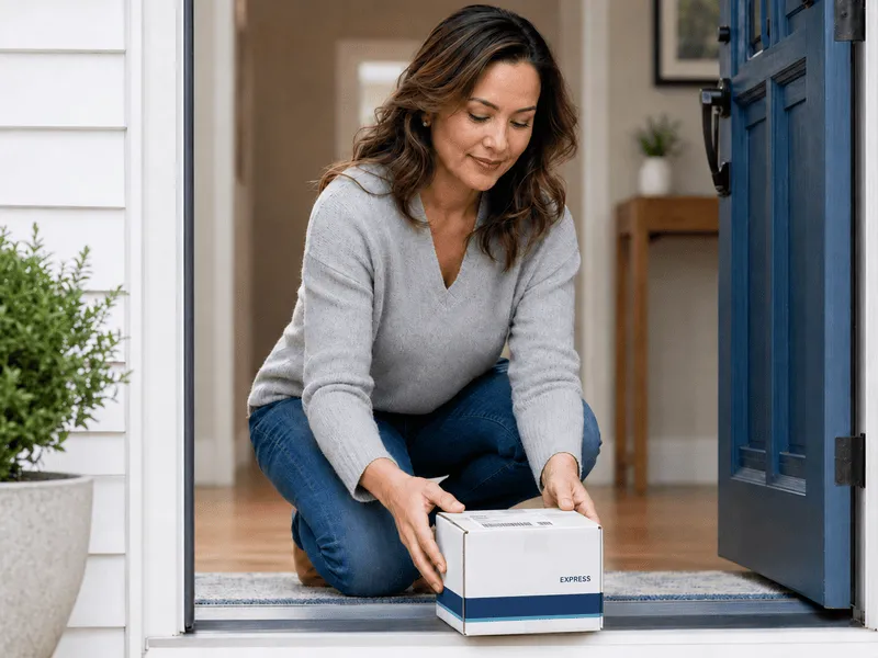 Woman picking up her Semaglutide delivery at her front door
