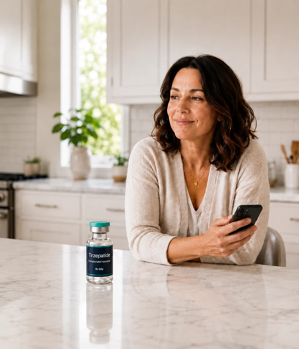 Woman at home reviewing her Semaglutide program on her phone