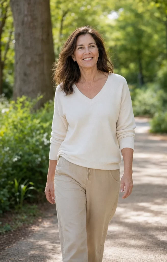 Woman walking outdoors, feeling confident