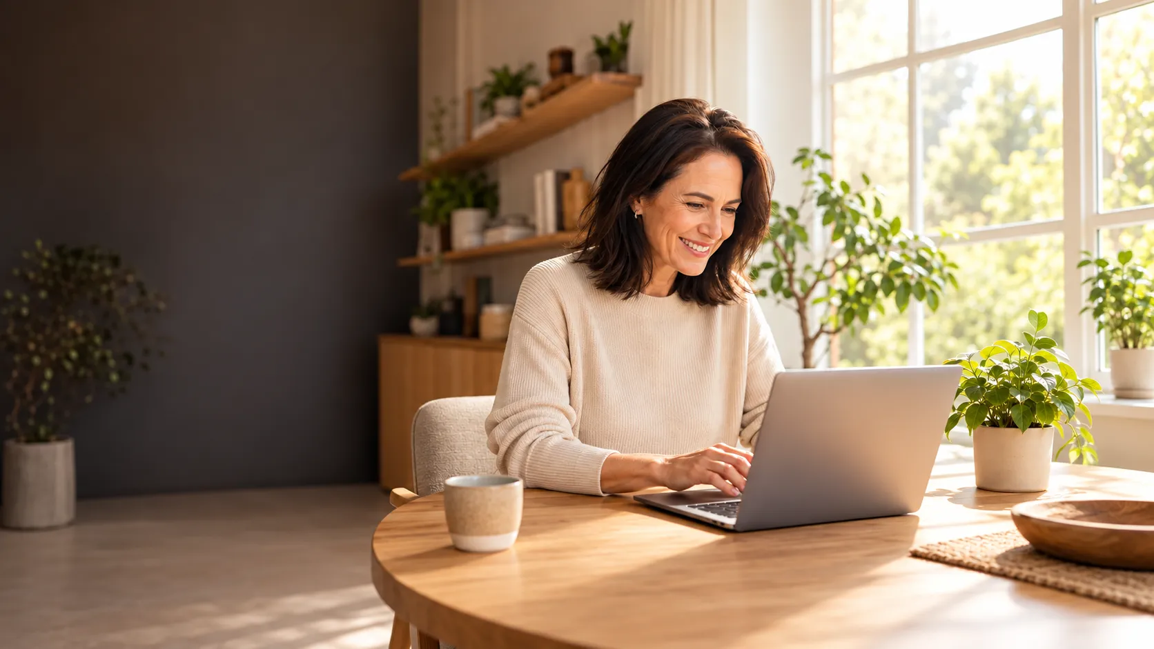Woman energized at home office